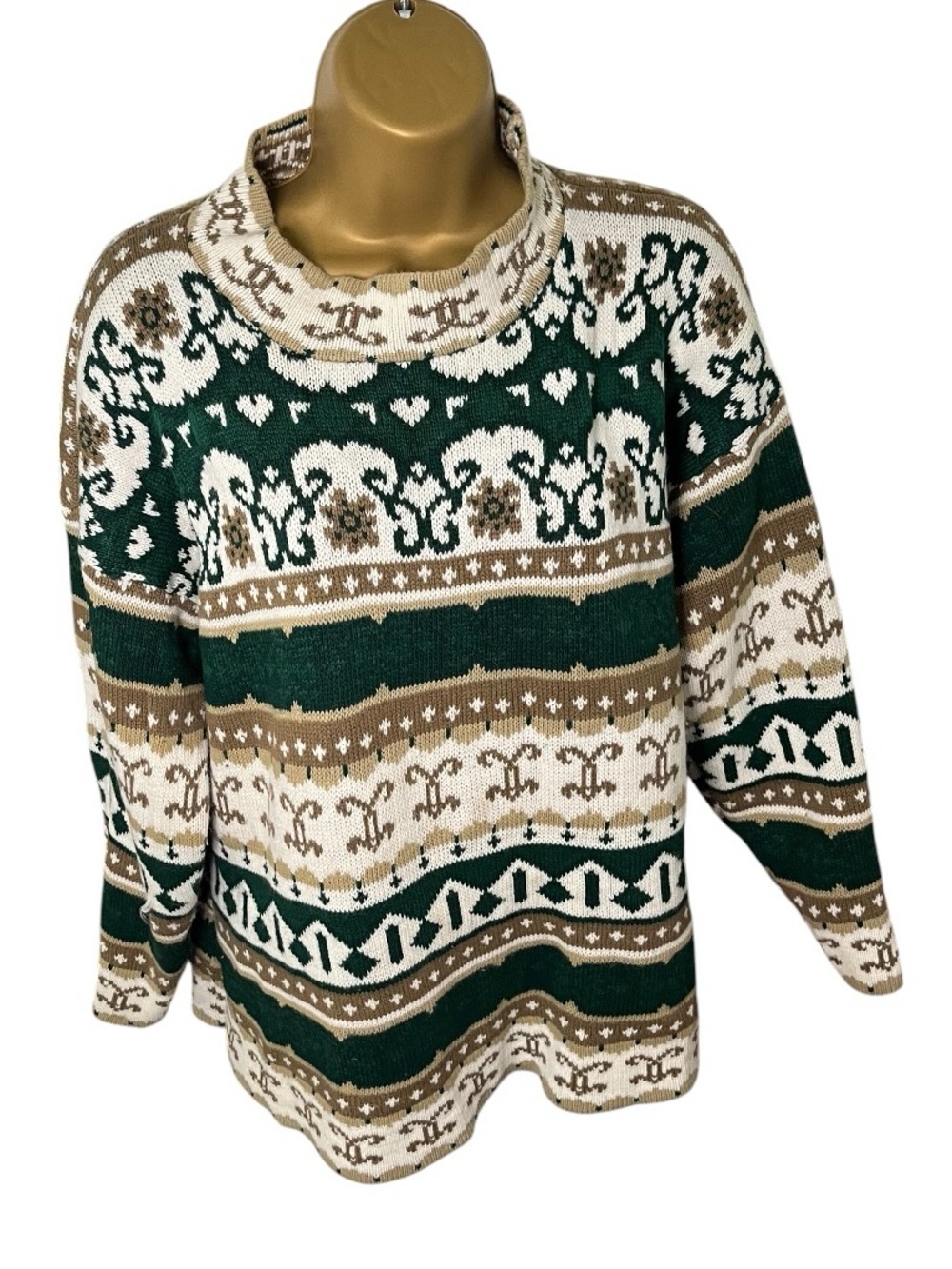 Vintage 80s Just For Women Nordic Fair Isle Turtleneck Sweater USA Green